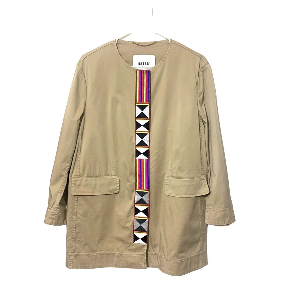 BAZAR DELUXE Khaki‎ Stretch Cotton Tribal Snap Front Utility Jacket Coat sz44/ M